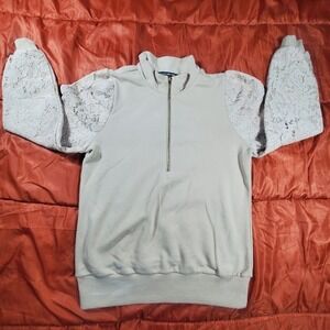 Boston Proper Lace Sleeve Zip Sweatshirt Sz S Beige 2BN4980 Coquette Cottagecore